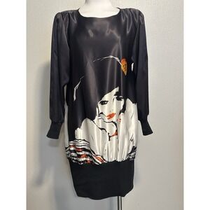 Vintage 80s On The Rocks California Retro Print Black Mini Tunic Dress sz.S-M